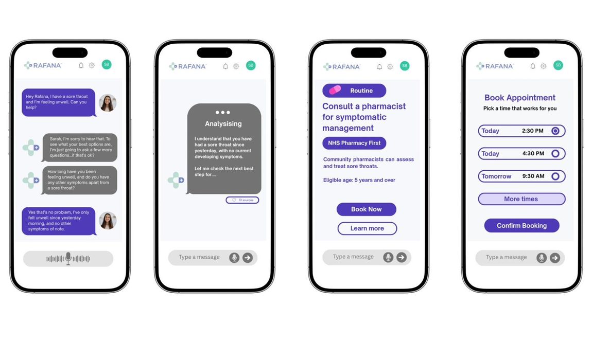 Rafana Solution Interface — the patient journey across four app screens